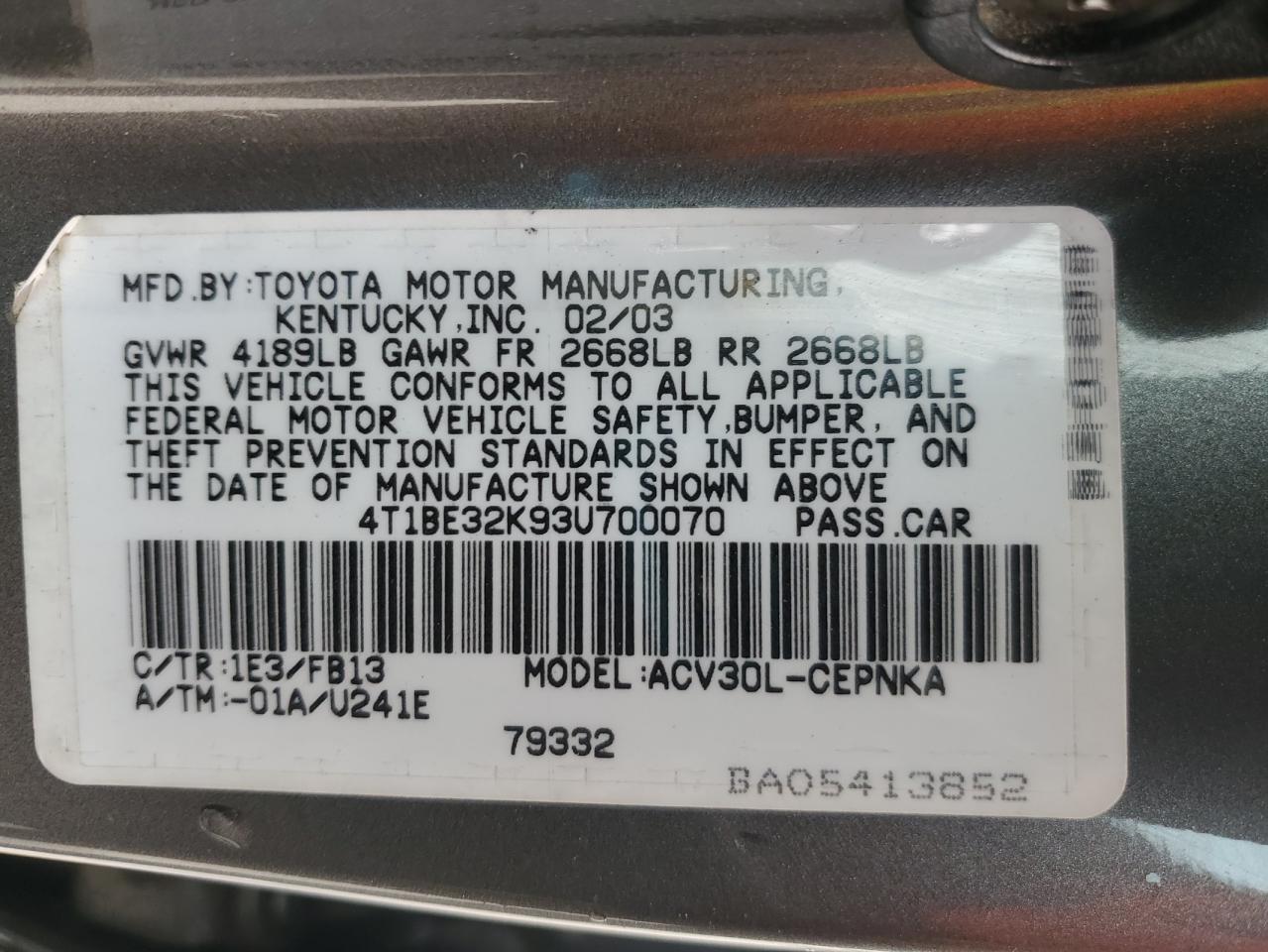 2003 Toyota Camry Le VIN: 4T1BE32K93U700070 Lot: 50098105