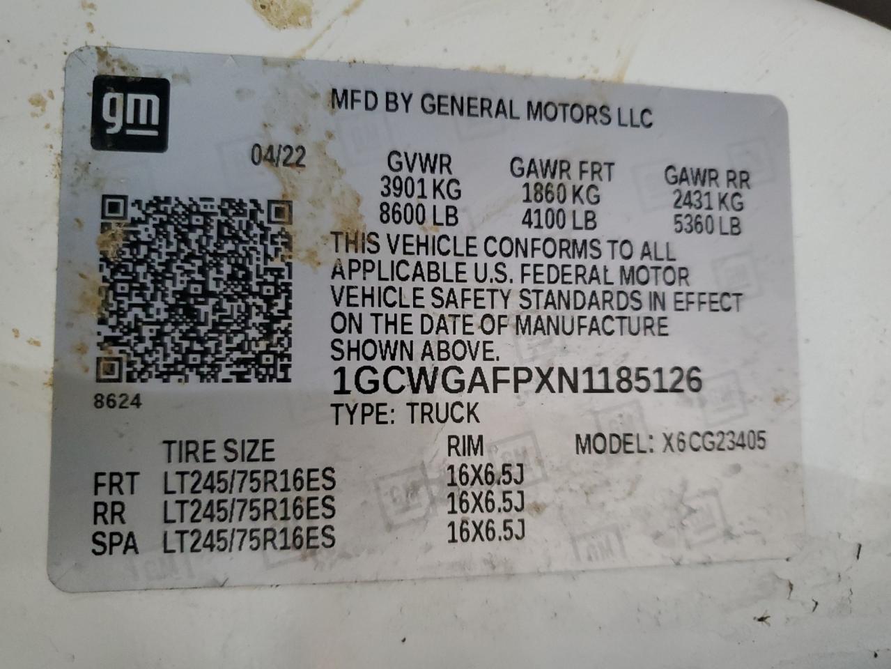 2022 Chevrolet Express G2500 VIN: 1GCWGAFPXN1185126 Lot: 49698045