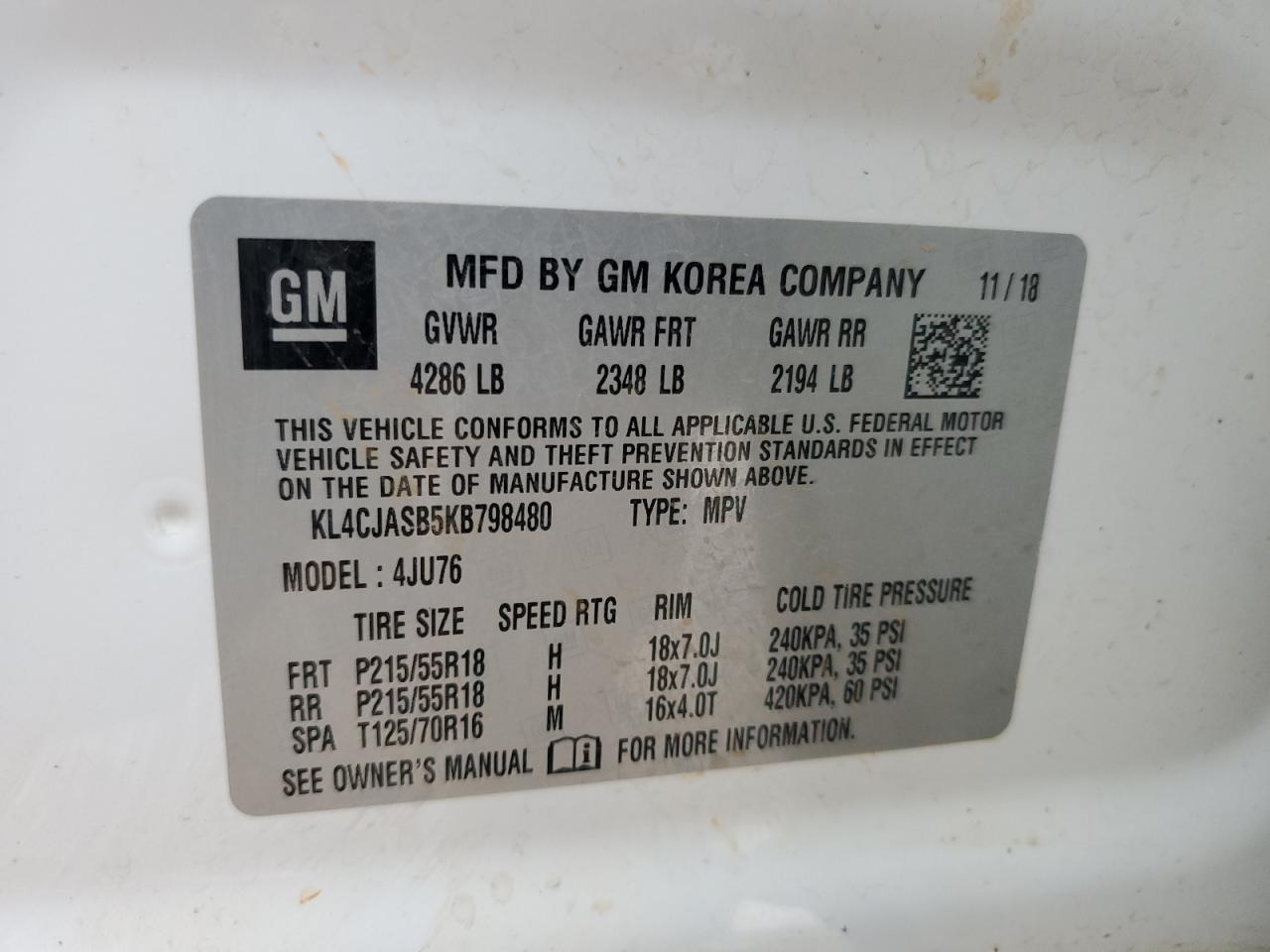 2019 Buick Encore Preferred VIN: KL4CJASB5KB798480 Lot: 49172075