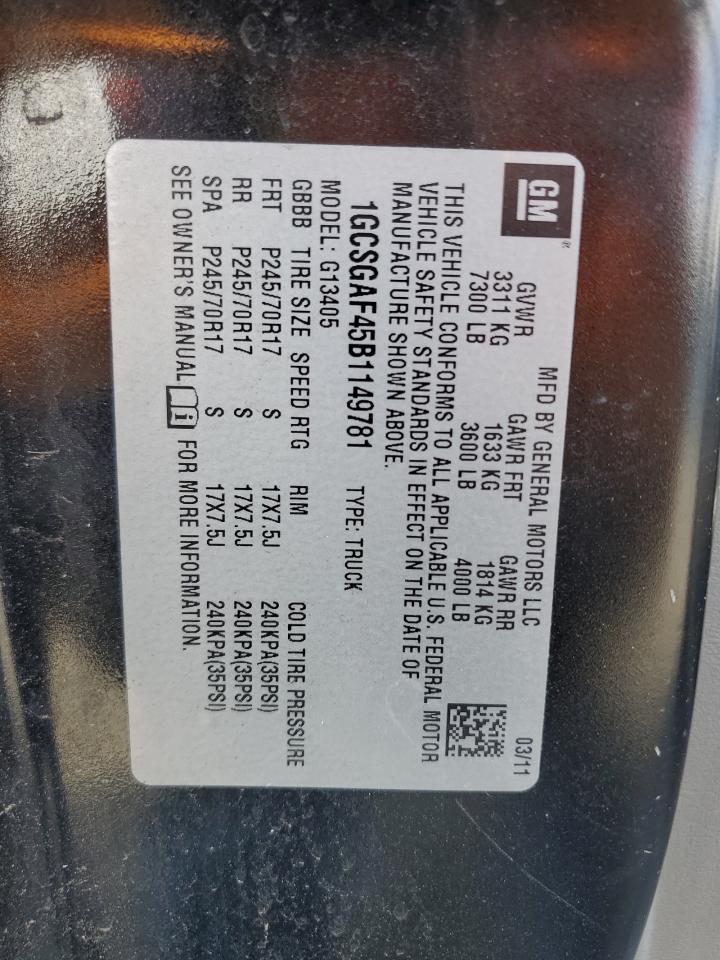 2011 Chevrolet Express G1500 VIN: 1GCSGAF45B1149781 Lot: 48064555