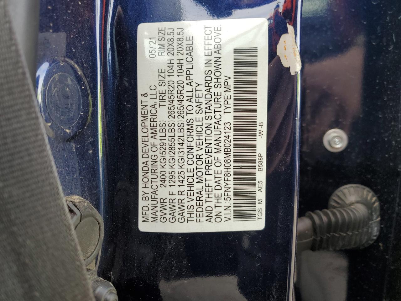 2021 Honda Passport Elite VIN: 5FNYF8H08MB024123 Lot: 48194105
