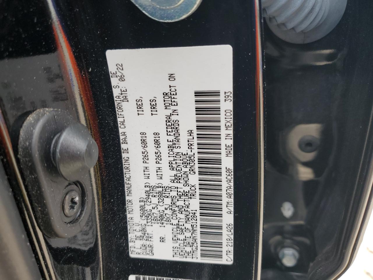 VIN: 3TMGZ5AN7NM512841 2022 TOYOTA TACOMA