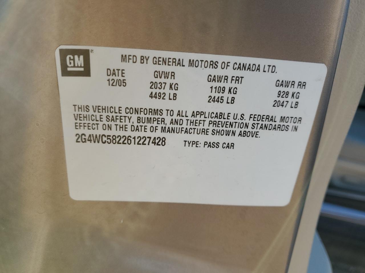 2006 Buick Lacrosse Cx VIN: 2G4WC582261227428 Lot: 49210215