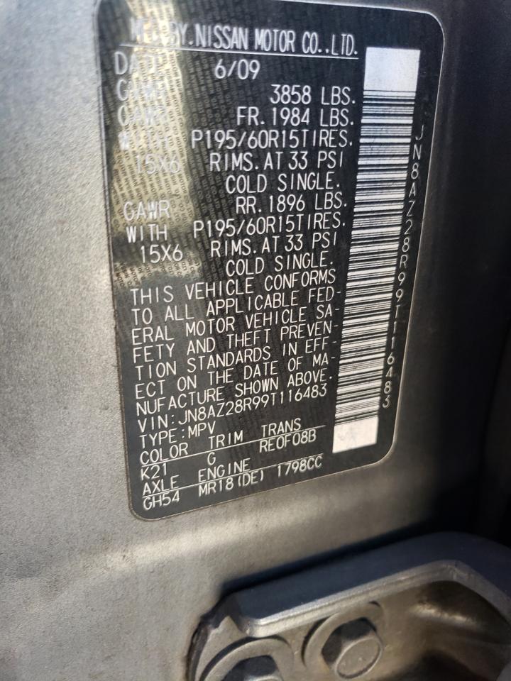 2009 Nissan Cube Base VIN: JN8AZ28R99T116483 Lot: 50373425