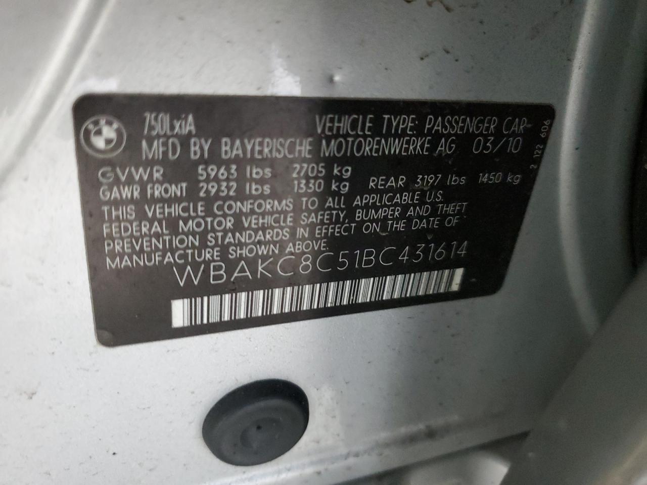 2011 BMW 750 Lxi VIN: WBAKC8C51BC431614 Lot: 49839495