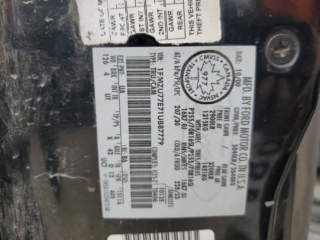 2001 Ford Explorer Sport Trac VIN: 1FMZU77E71UB87779 Lot: 48981585