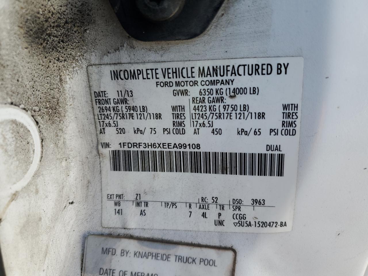 2014 Ford F350 Super Duty VIN: 1FDRF3H6XEEA99108 Lot: 85180965