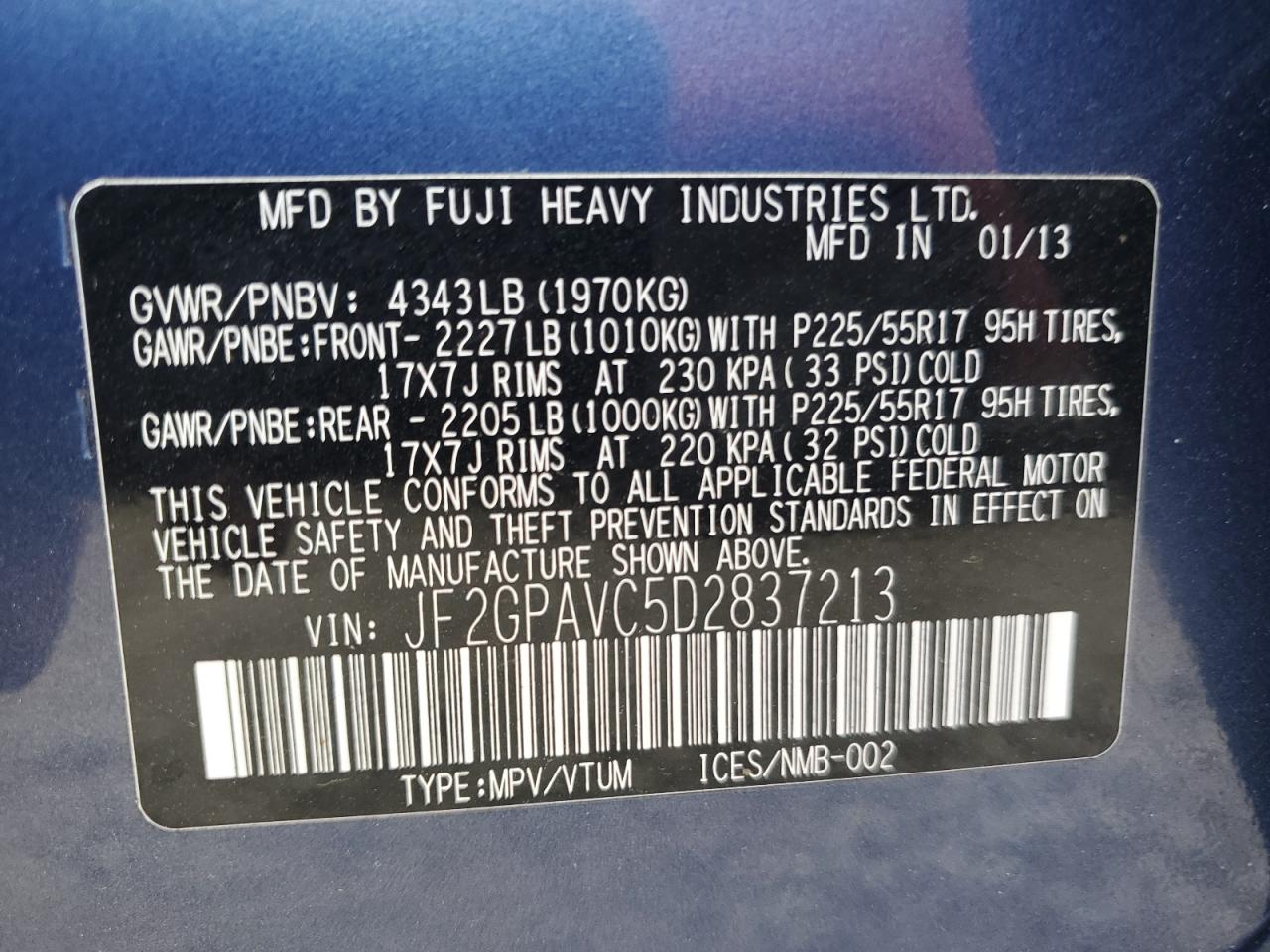 2013 Subaru Xv Crosstrek 2.0 Premium VIN: JF2GPAVC5D2837213 Lot: 51343015
