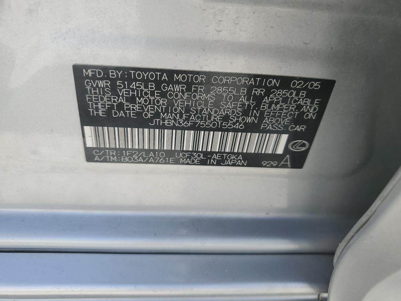 2005 Lexus Ls 430 VIN: JTHBN36F755015546 Lot: 49487575