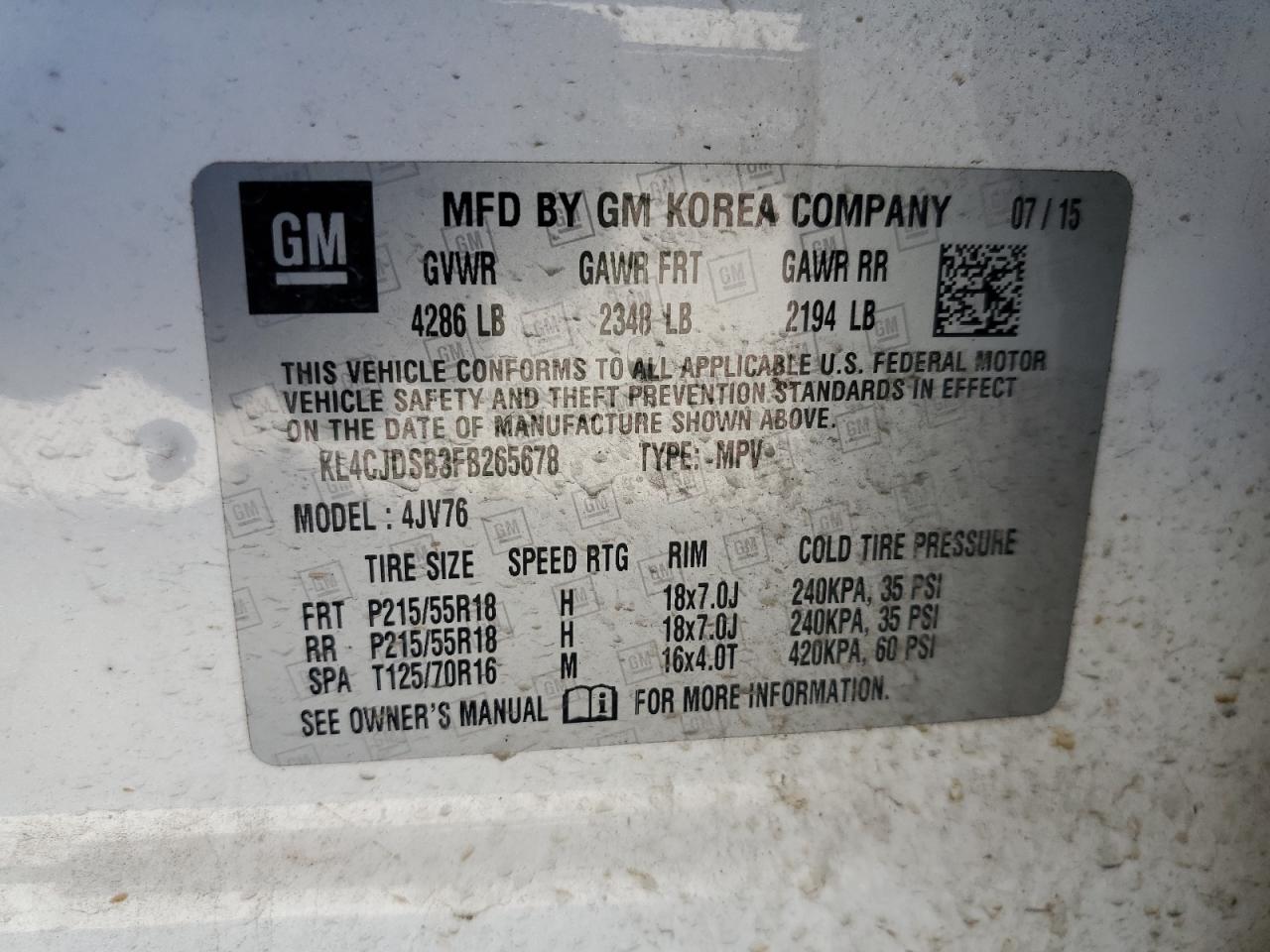 2015 BUICK ENCORE with FRONT END damage, VIN KL4CJDSB3FB265678