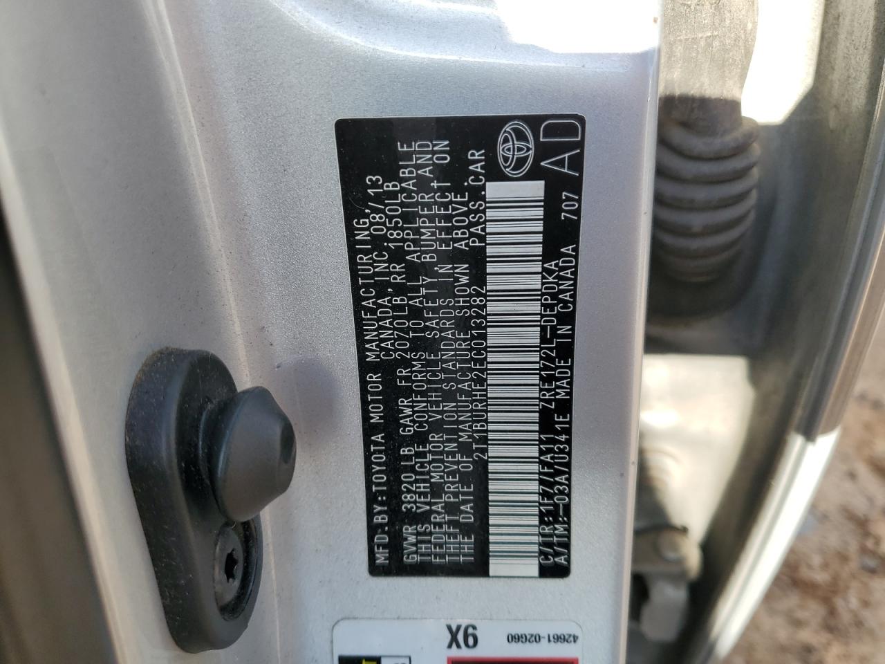 2014 Toyota Corolla L VIN: 2T1BURHE2EC013282 Lot: 48743975