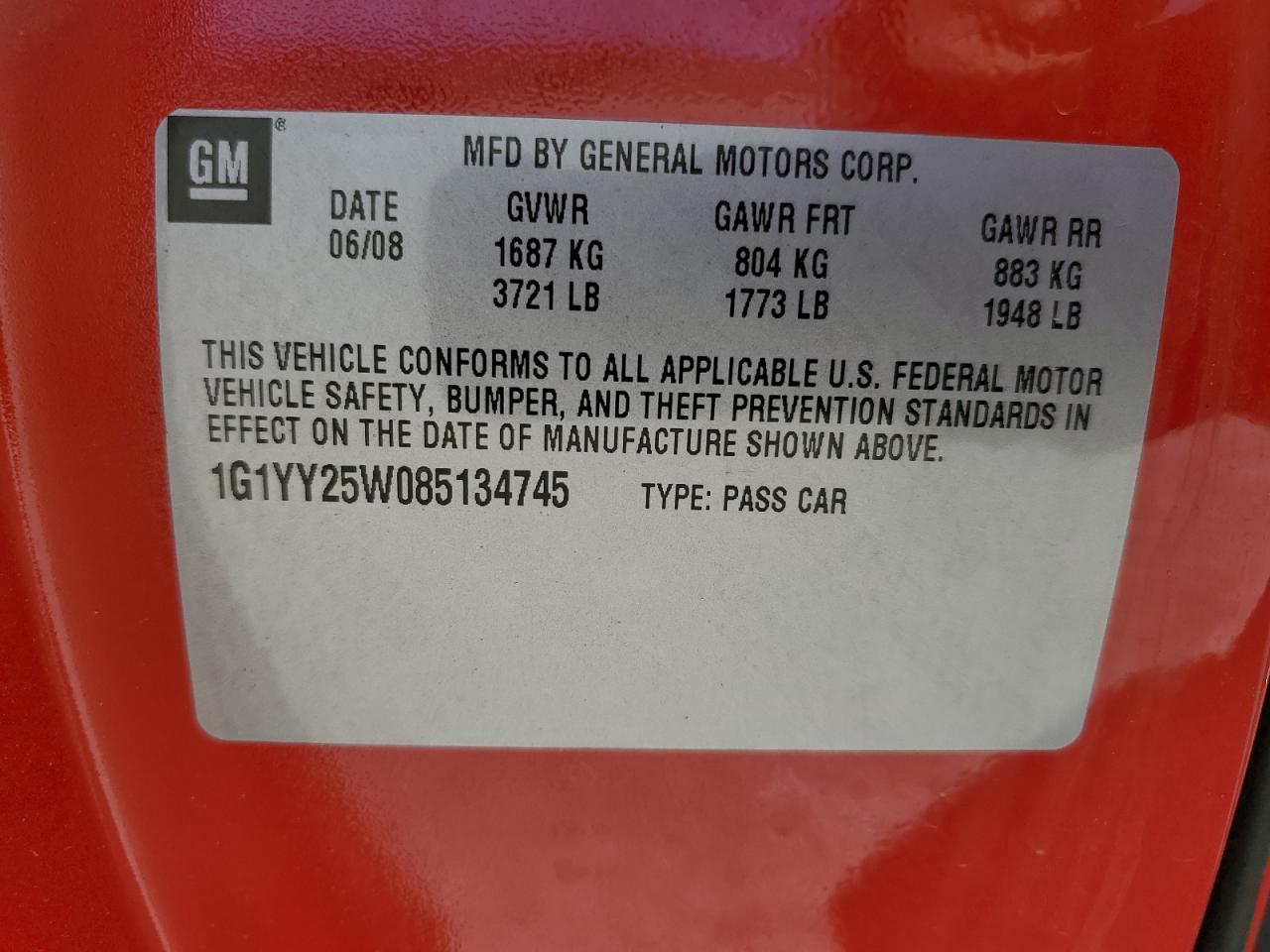 2008 Chevrolet Corvette VIN: 1G1YY25W085134745 Lot: 50028565