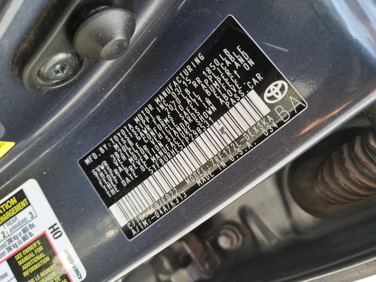 2015 Toyota Corolla L VIN: 5YFBURHE5FP298531 Lot: 50805705