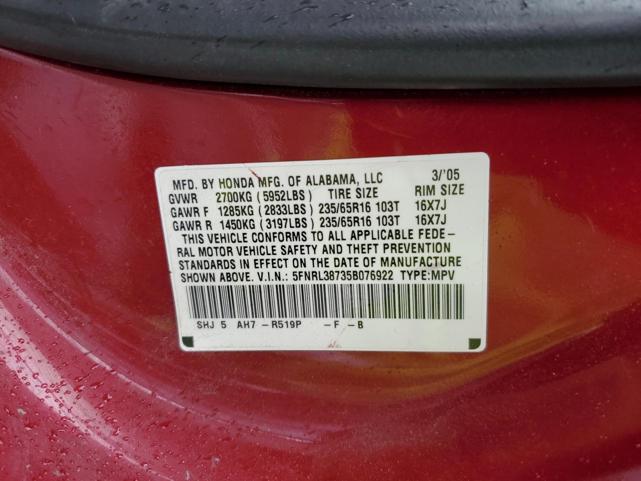 2005 Honda Odyssey Exl VIN: 5FNRL38735B076922 Lot: 49182675