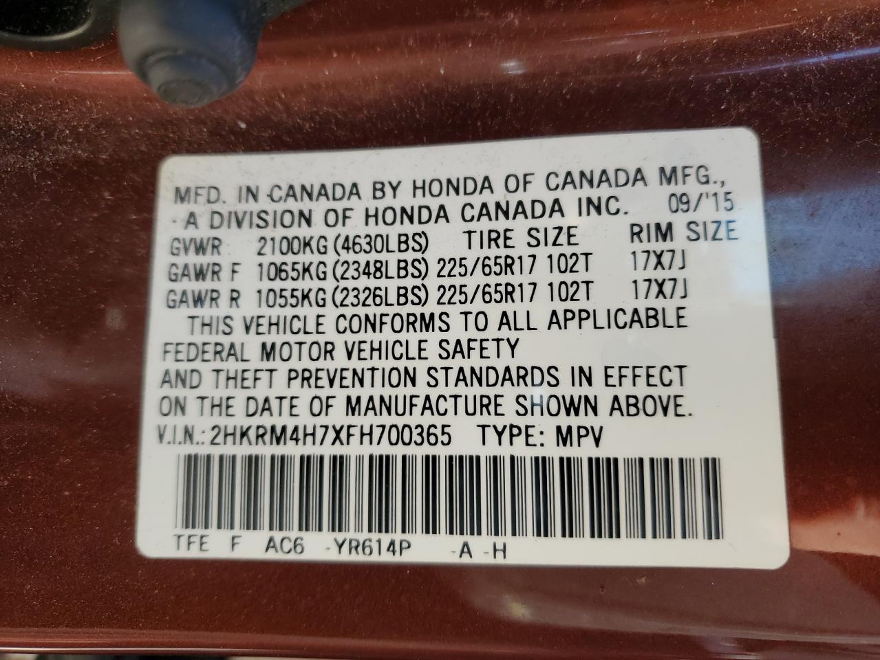 2015 Honda Cr-V Exl VIN: 2HKRM4H7XFH700365 Lot: 49593655