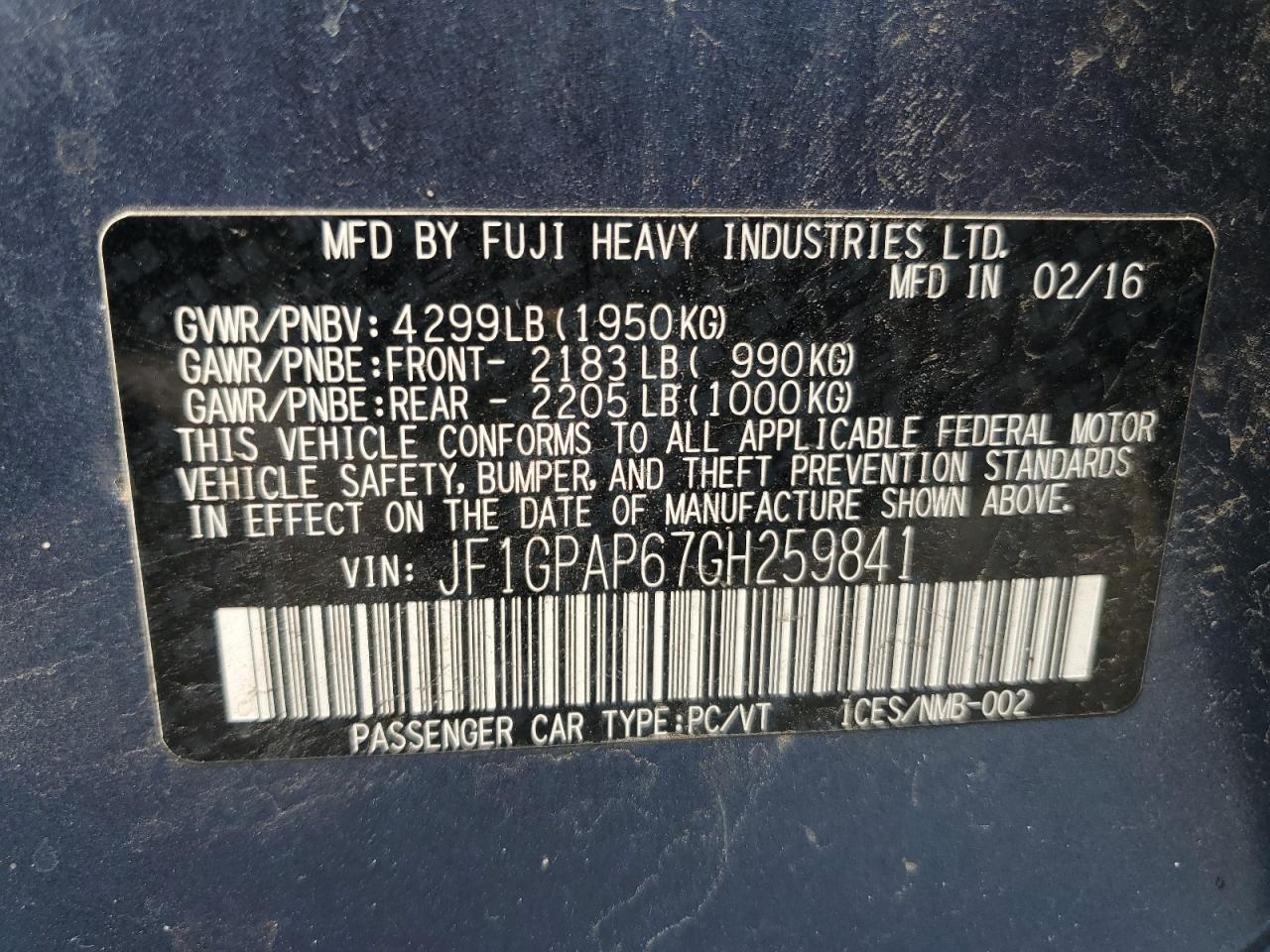2016 Subaru Impreza Sport Premium VIN: JF1GPAP67GH259841 Lot: 50965375