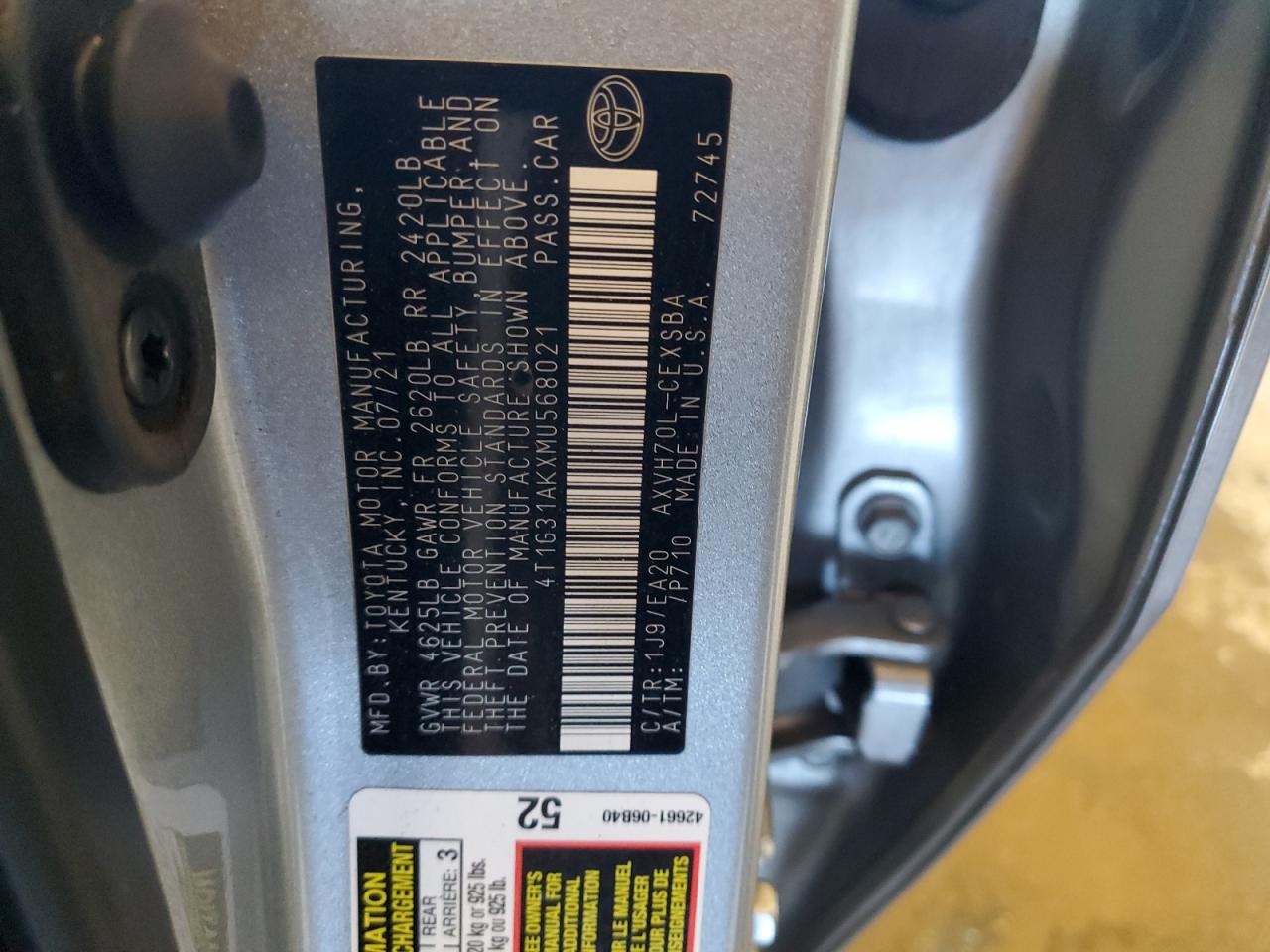 2021 Toyota Camry Se VIN: 4T1G31AKXMU568021 Lot: 48888555