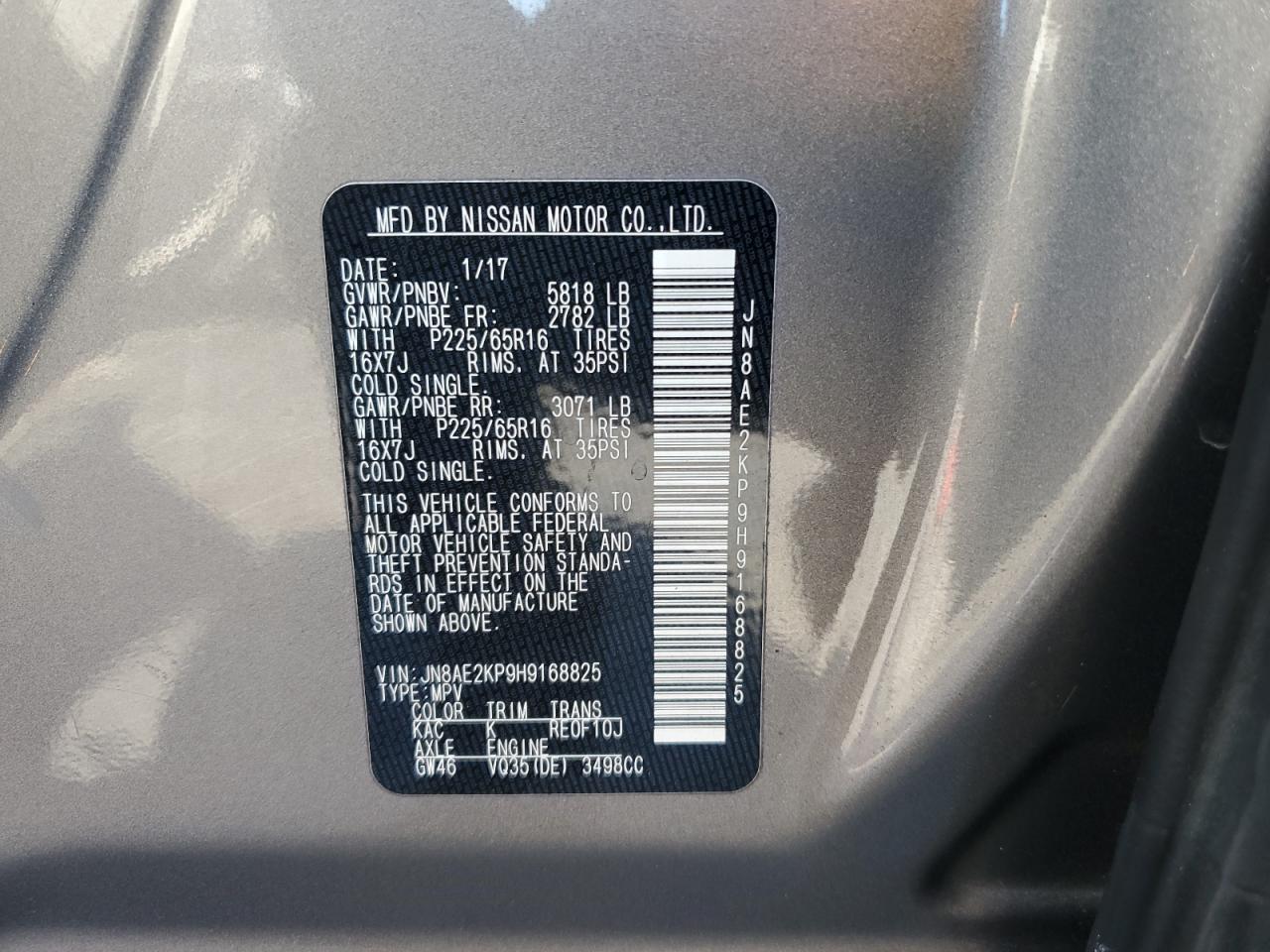 2017 Nissan Quest S VIN: JN8AE2KP9H9168825 Lot: 48487165