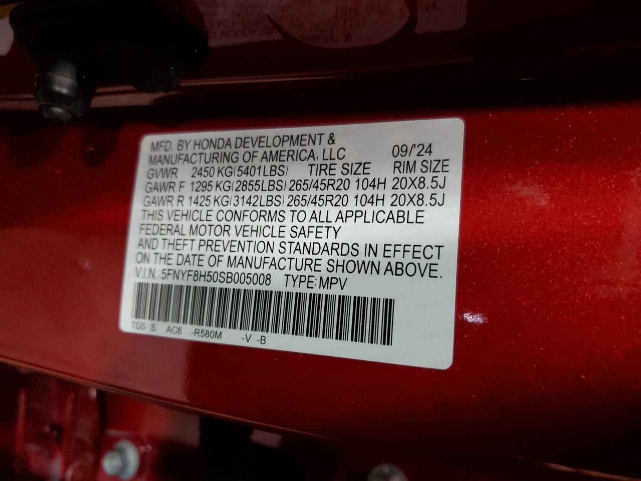 VIN: 5FNYF8H50SB005008 2025 HONDA PASSPORT