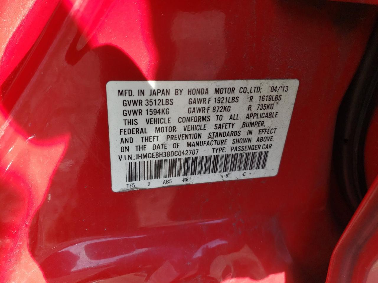 2013 Honda Fit VIN: JHMGE8H38DC042707 Lot: 49737555