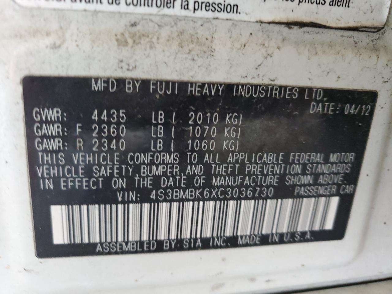 2012 Subaru Legacy 2.5I Limited VIN: 4S3BMBK6XC3036730 Lot: 49418205