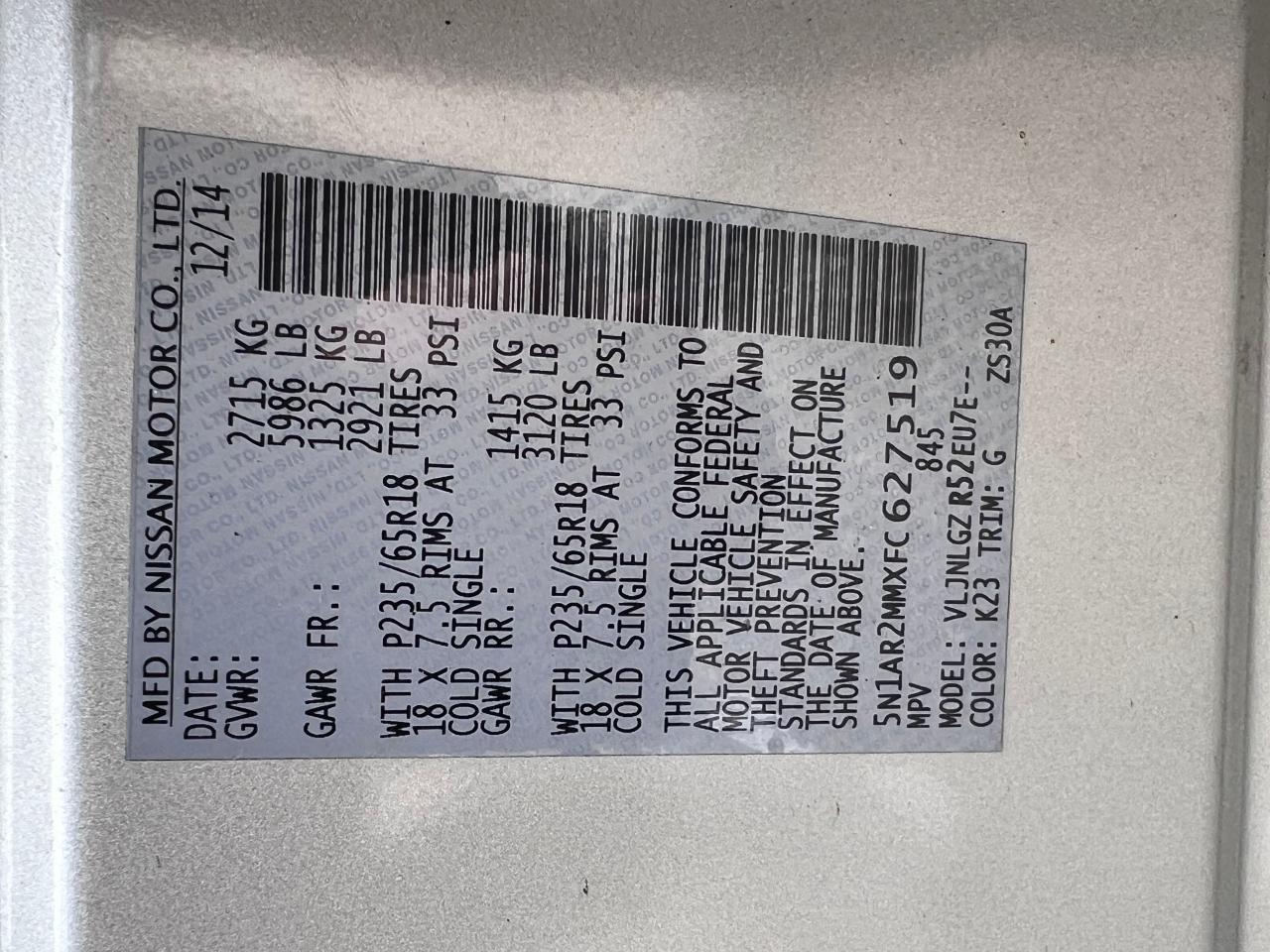 2015 Nissan Pathfinder S VIN: 5N1AR2MMXFC62751 Lot: 50955015