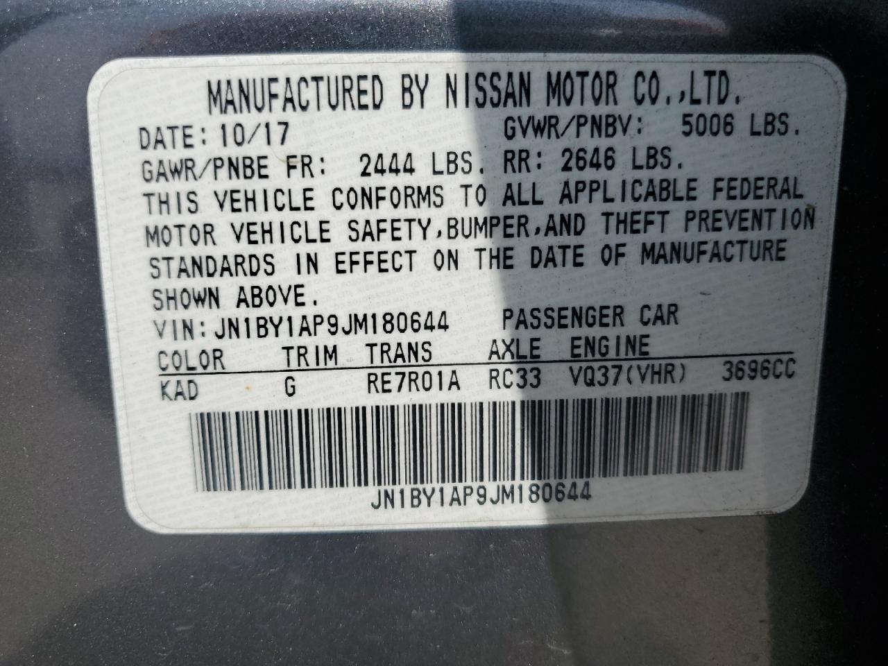 2018 Infiniti Q70 3.7 Luxe VIN: JN1BY1AP9JM180644 Lot: 50577855