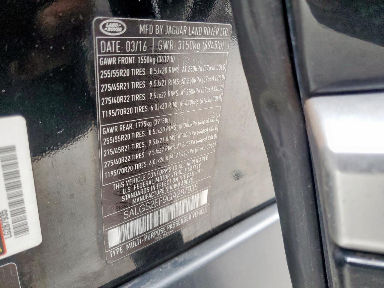 2016 Land Rover Range Rover Supercharged VIN: SALGS2EF9GA287935 Lot: 51183125