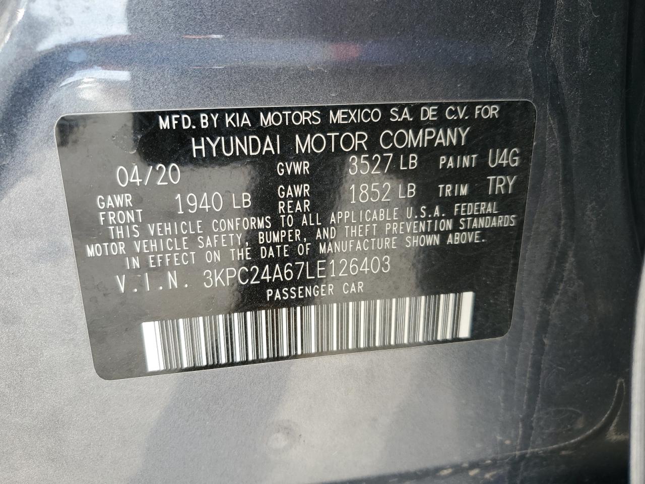 2020 Hyundai Accent Se VIN: 3KPC24A67LE126403 Lot: 48867365