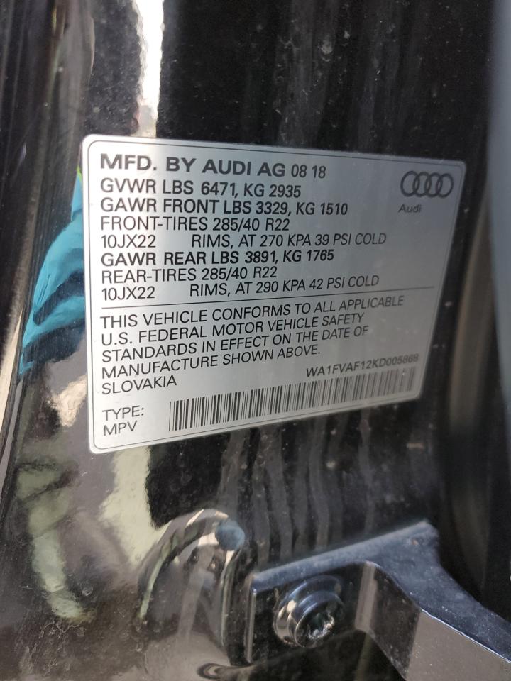 2019 Audi Q8 Prestige S-Line VIN: WA1FVAF12KD005868 Lot: 49251245