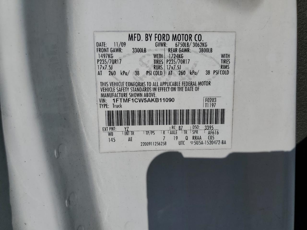 2010 Ford F150 VIN: 1FTMF1CW5AKB11090 Lot: 47970015