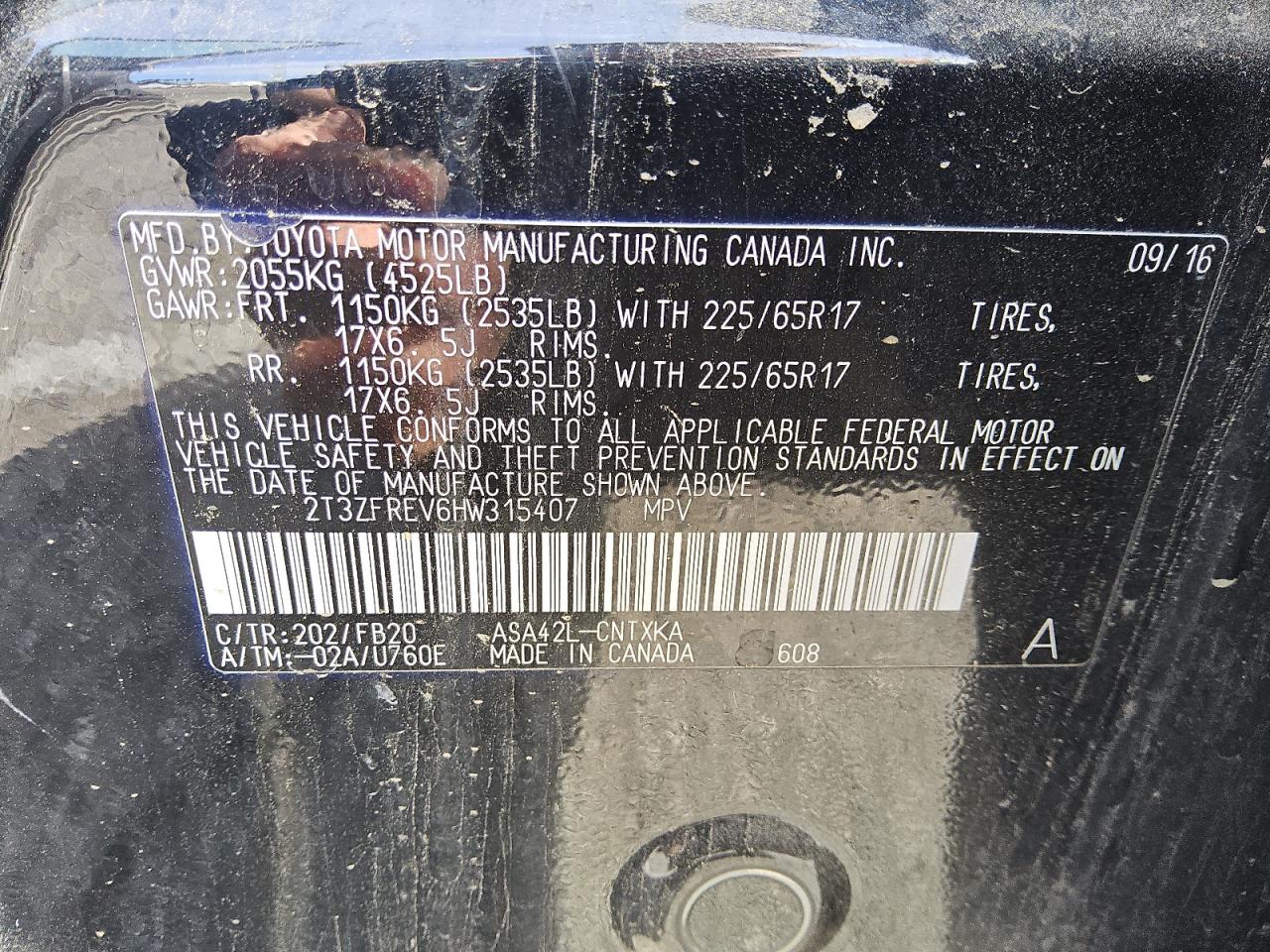 2T3ZFREV6HW315407 TOYOTA RAV4 2017