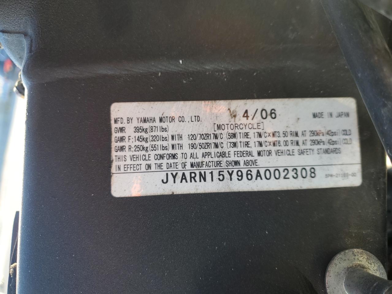 2006 Yamaha Yzfr1 C VIN: JYARN15Y96A002308 Lot: 55742225