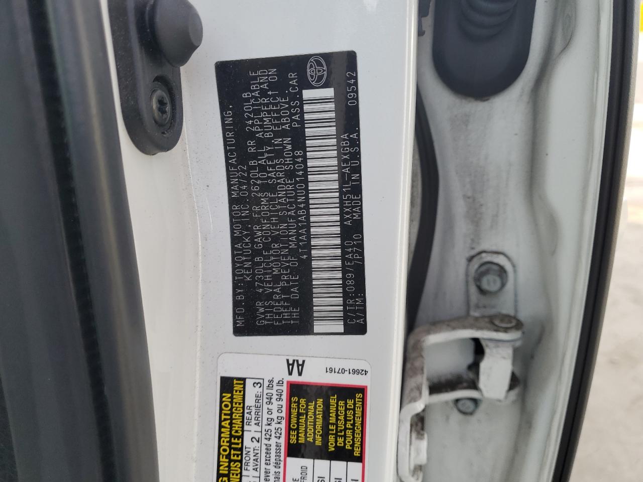 2022 Toyota Avalon Xle VIN: 4T1AA1AB4NU014048 Lot: 50941145