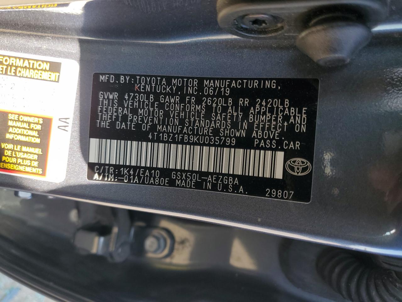 2019 Toyota Avalon Xle VIN: 4T1BZ1FB9KU035799 Lot: 50430075