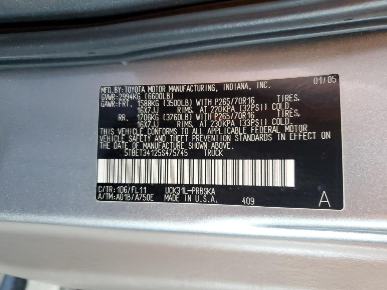 2005 Toyota Tundra Double Cab Sr5 VIN: 5TBET34125S475745 Lot: 49740005