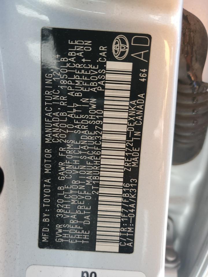 2015 Toyota Corolla L VIN: 2T1BURHE6FC327910 Lot: 49594335