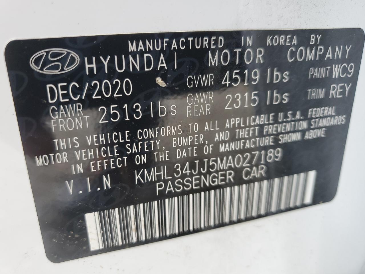 2021 Hyundai Sonata Hybrid VIN: KMHL34JJ5MA027189 Lot: 48718065