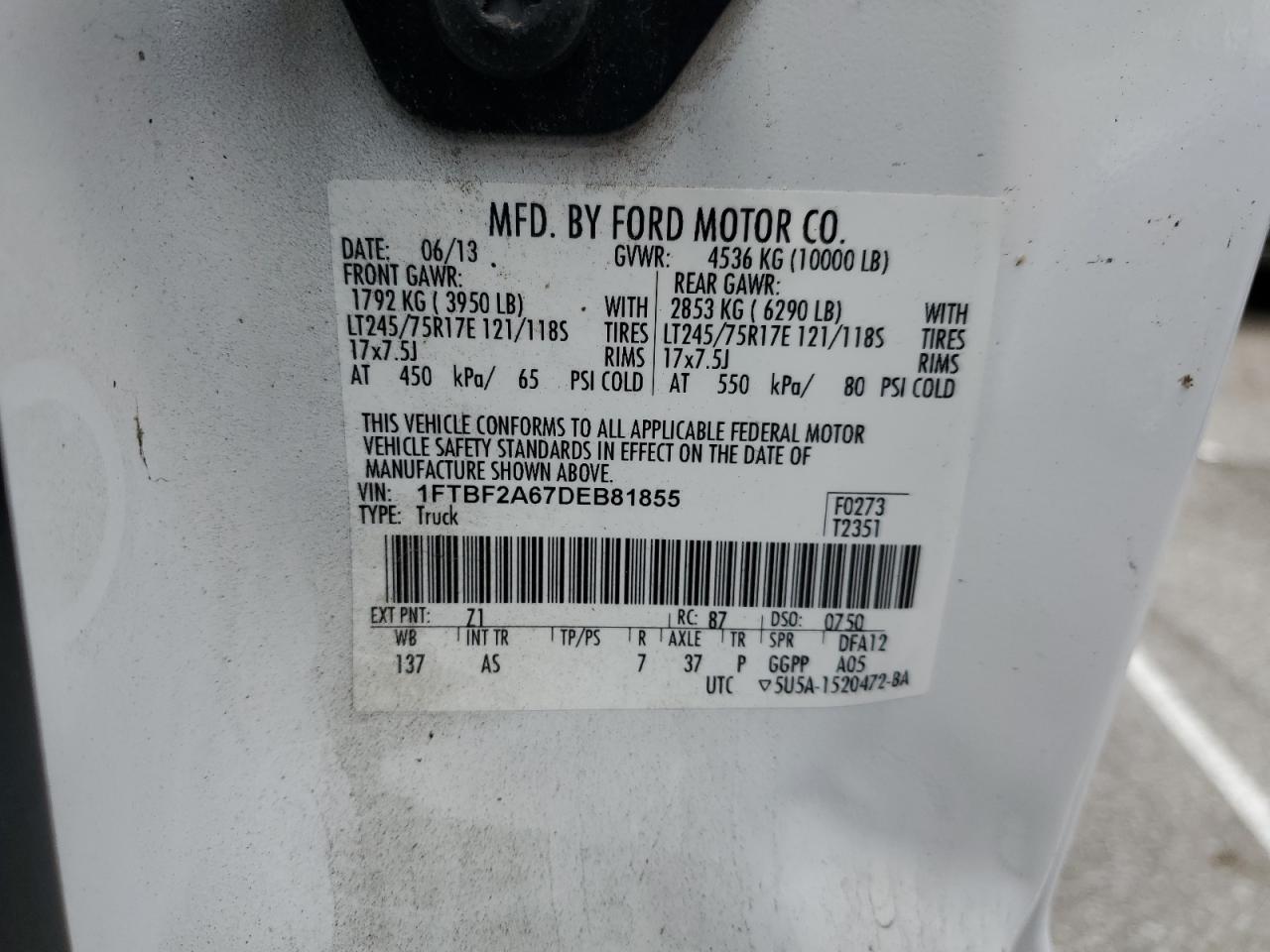 2013 Ford F250 Super Duty VIN: 1FTBF2A67DEB81855 Lot: 48354395