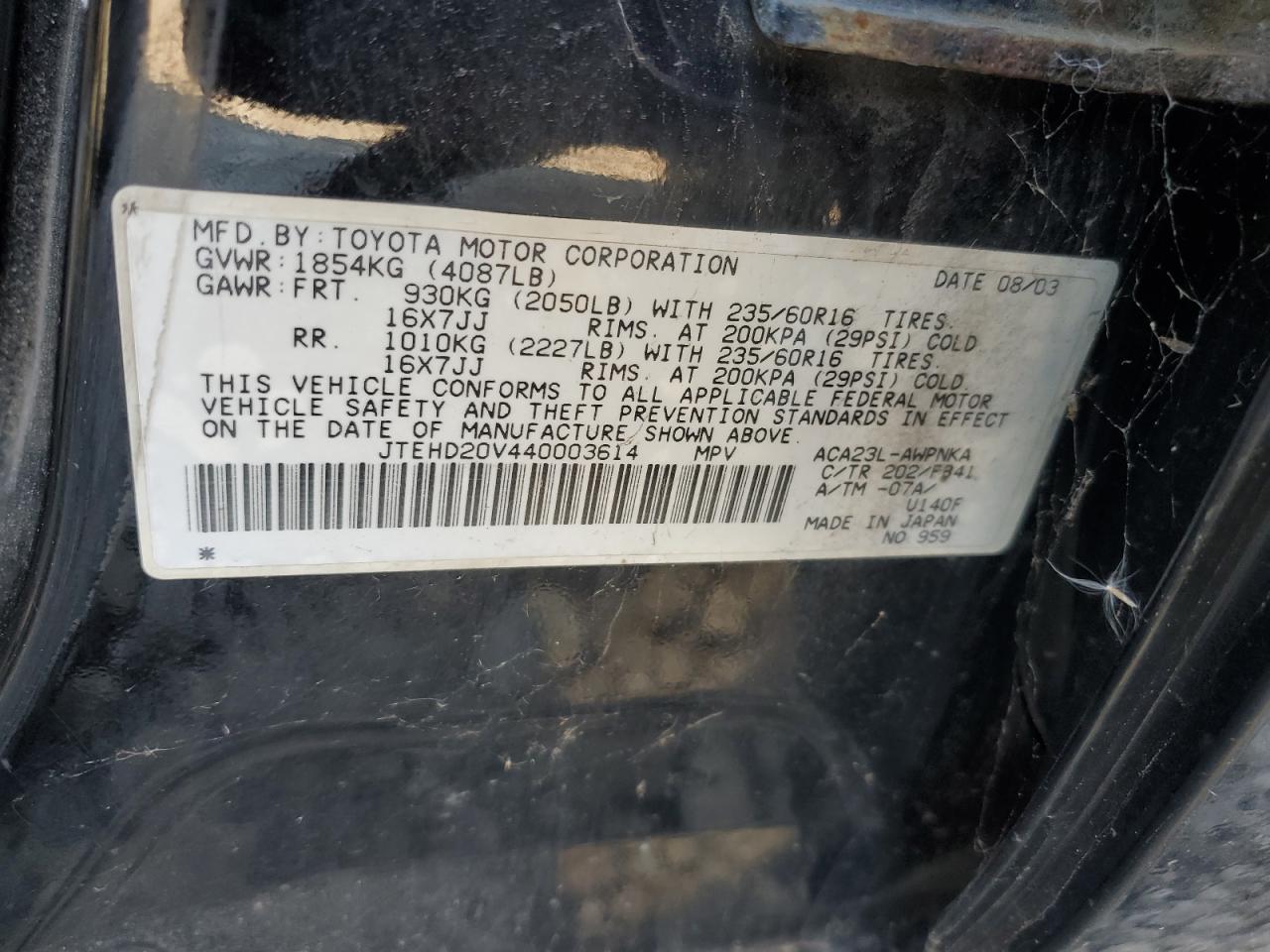 2004 Toyota Rav4 VIN: JTEHD20V440003614 Lot: 46427905