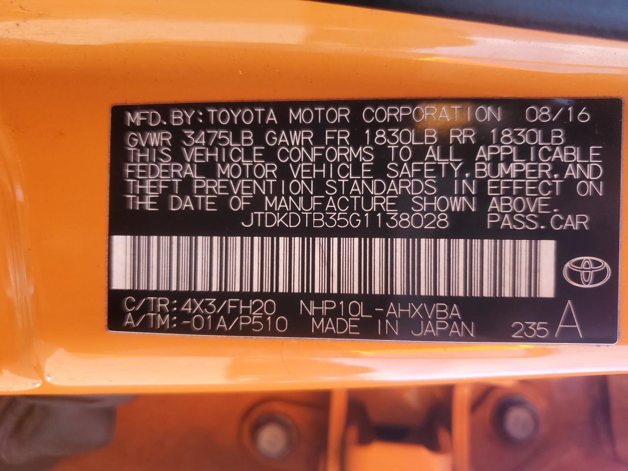 2016 Toyota Prius C VIN: JTDKDTB35G1138028 Lot: 55035555