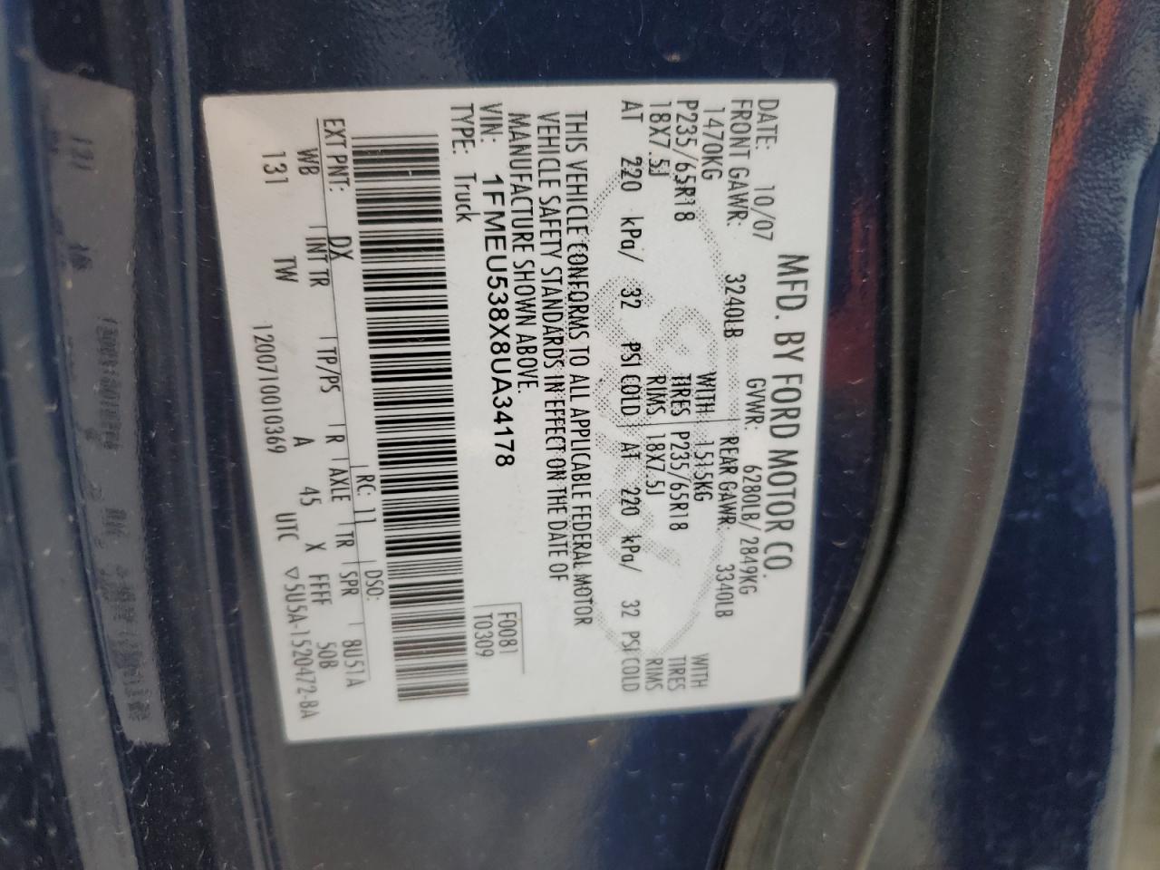 1fmeu538x8ua34178 1FMEU538X8UA34178 2008 Ford Explorer Sport Trac Limited