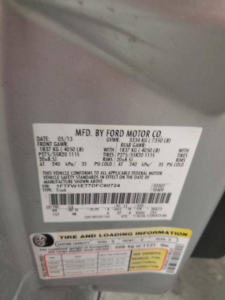 2013 Ford F150 Supercrew VIN: 1FTFW1ET7DFC60724 Lot: 51038455