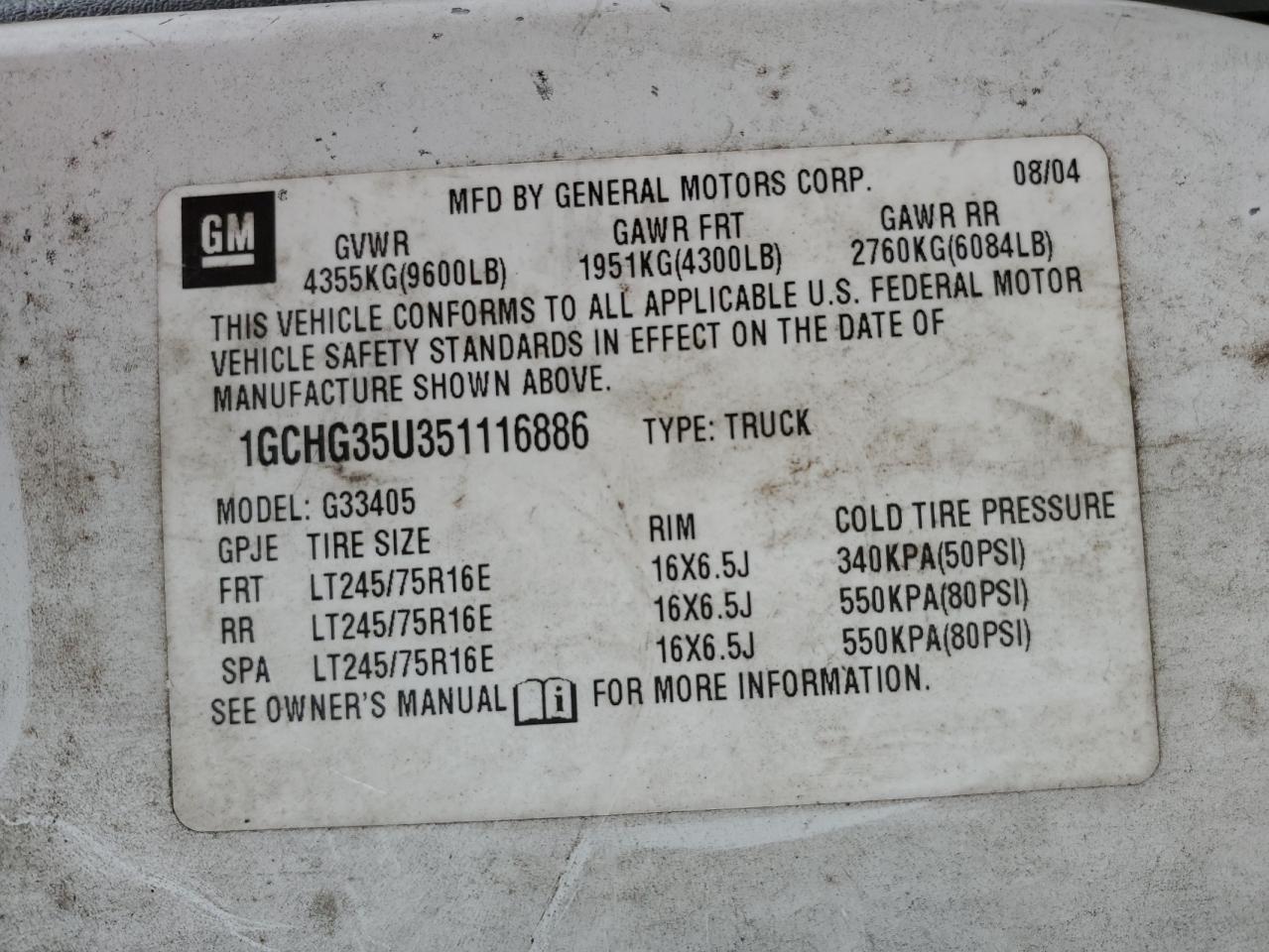 2005 Chevrolet Express G3500 VIN: 1GCHG35U351116886 Lot: 48190015