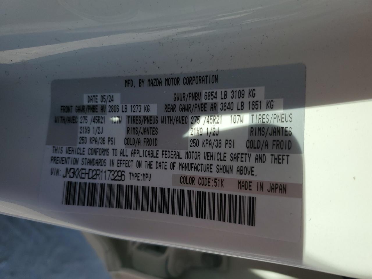 Hide VIN History Auto JM3KKEHD2R1173296 - MAZDA CX-90 PREM 2024