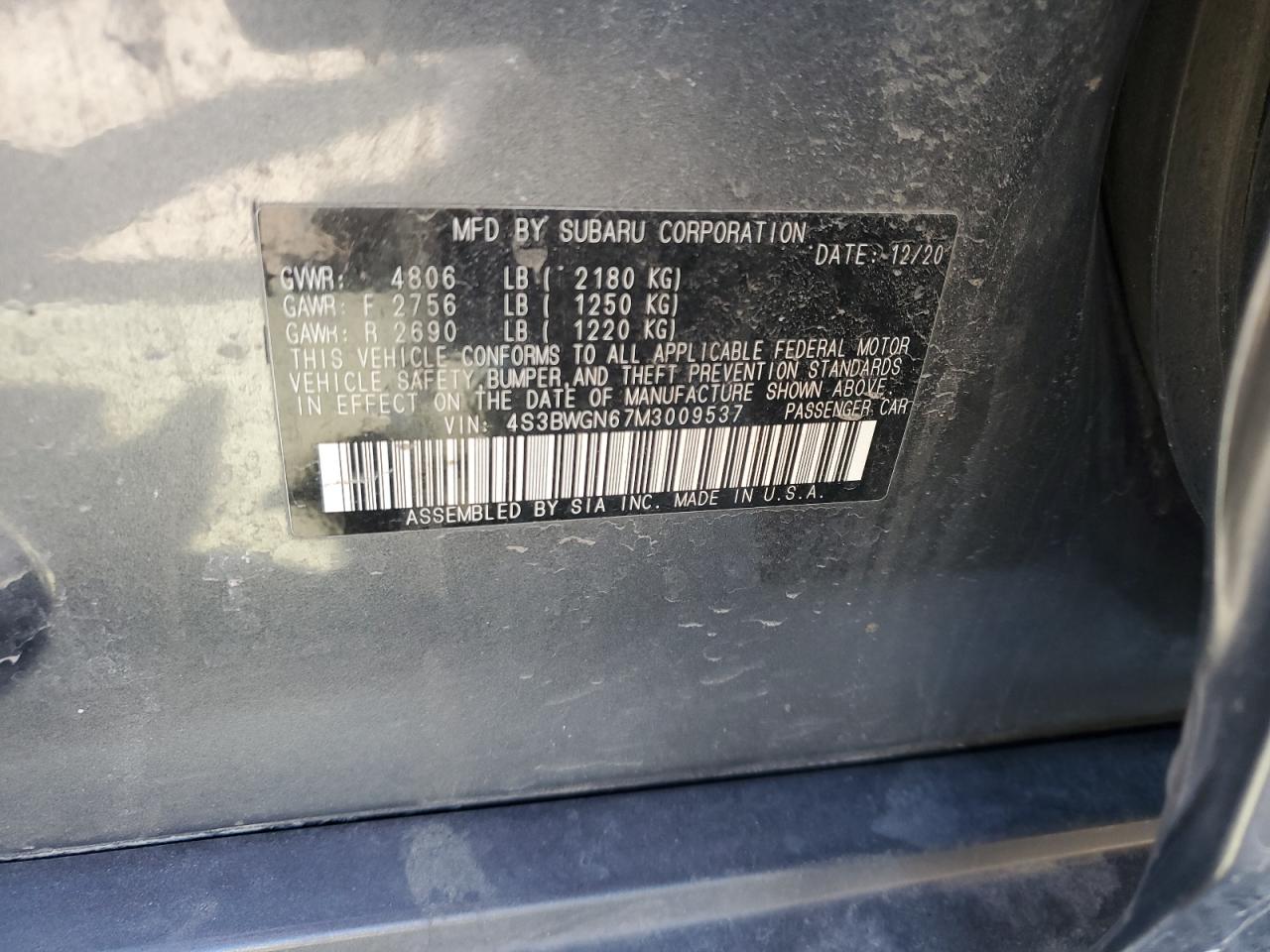 2021 Subaru Legacy Limited Xt VIN: 4S3BWGN67M3009537 Lot: 47382155