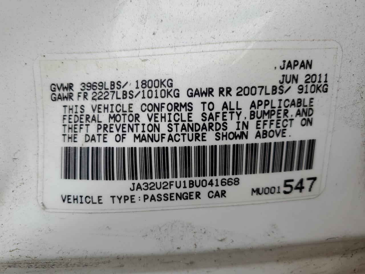 2011 Mitsubishi Lancer Es/Es Sport VIN: JA32U2FU1BU041668 Lot: 51096345