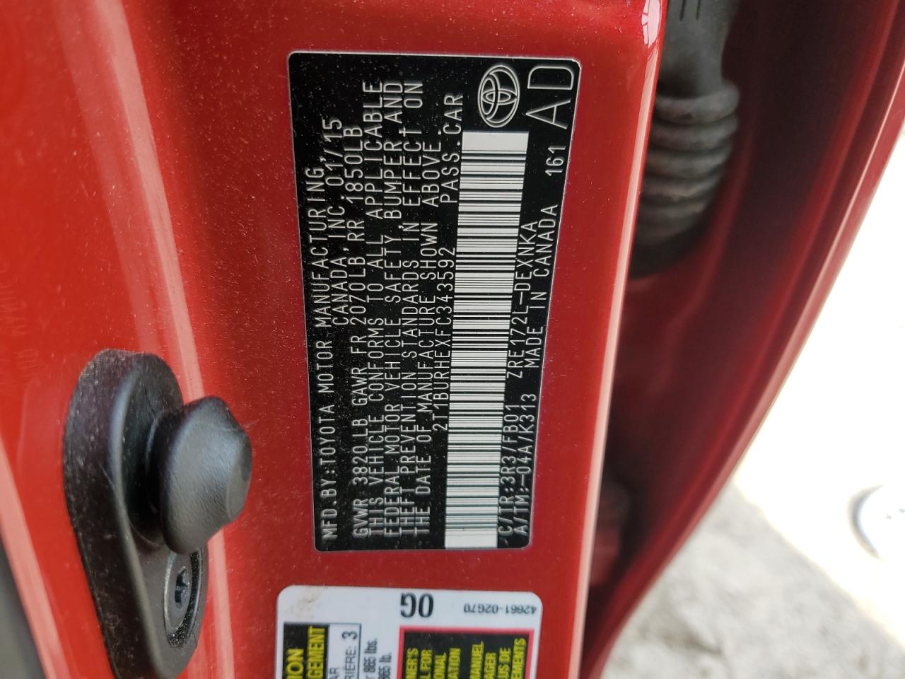 2015 Toyota Corolla L VIN: 2T1BURHEXFC343592 Lot: 49607515