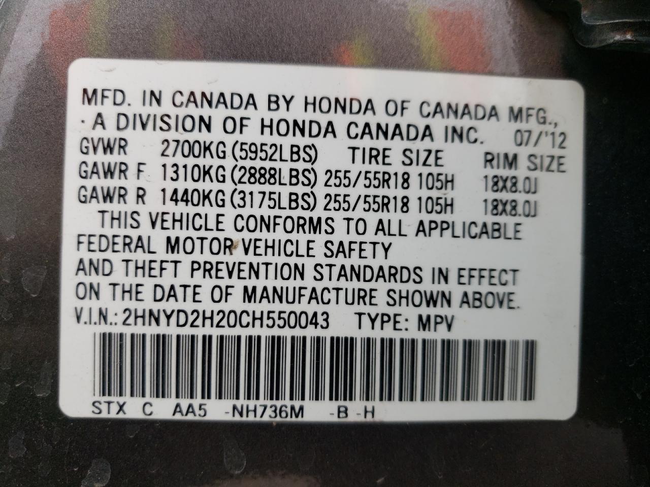 2012 Acura Mdx VIN: 2HNYD2H20CH550043 Lot: 50120715