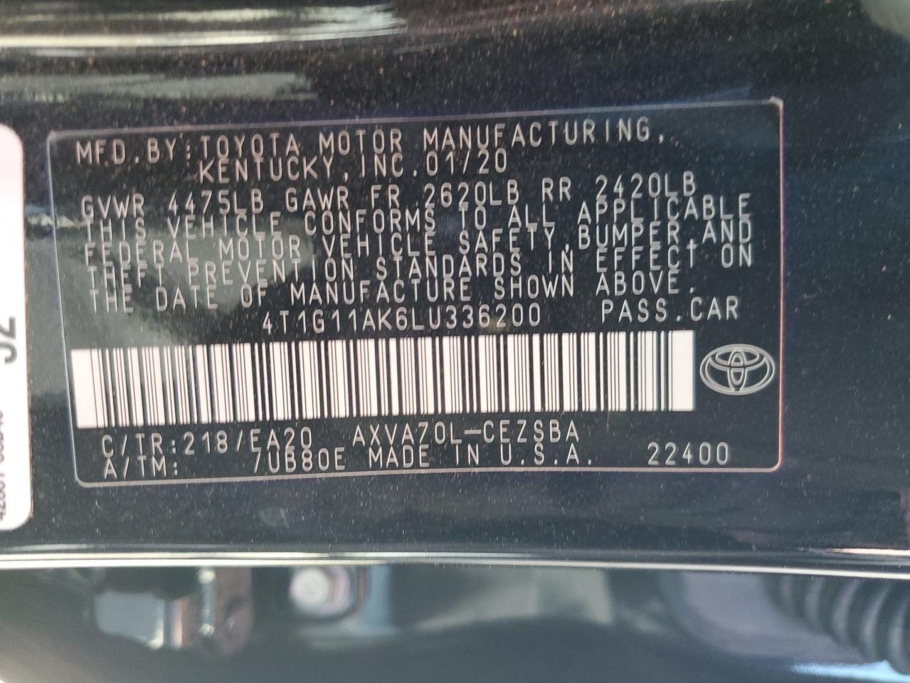 2020 Toyota Camry Se VIN: 4T1G11AK6LU336200 Lot: 49679295